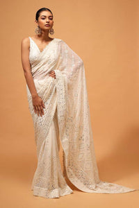 Silk chikankari work saree in white