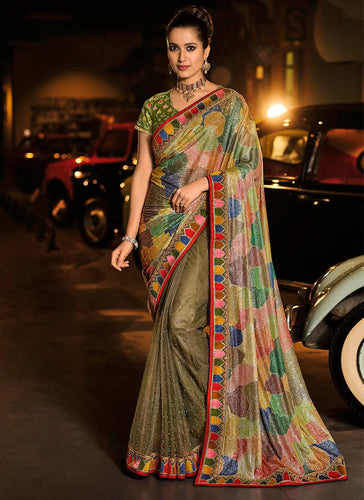 Swarovski designer saree collection: Mehendi multicolour silk