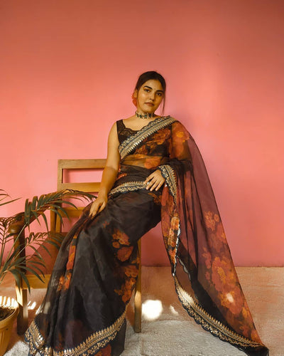 Organza digital print handwork sarees