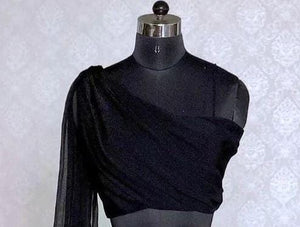 Indo western black blouse, dupatta attached to shoulder