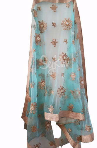 Baby blue floral embellished mirror work net dupatta