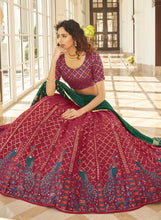 Deep pink and green peacock Lehenga