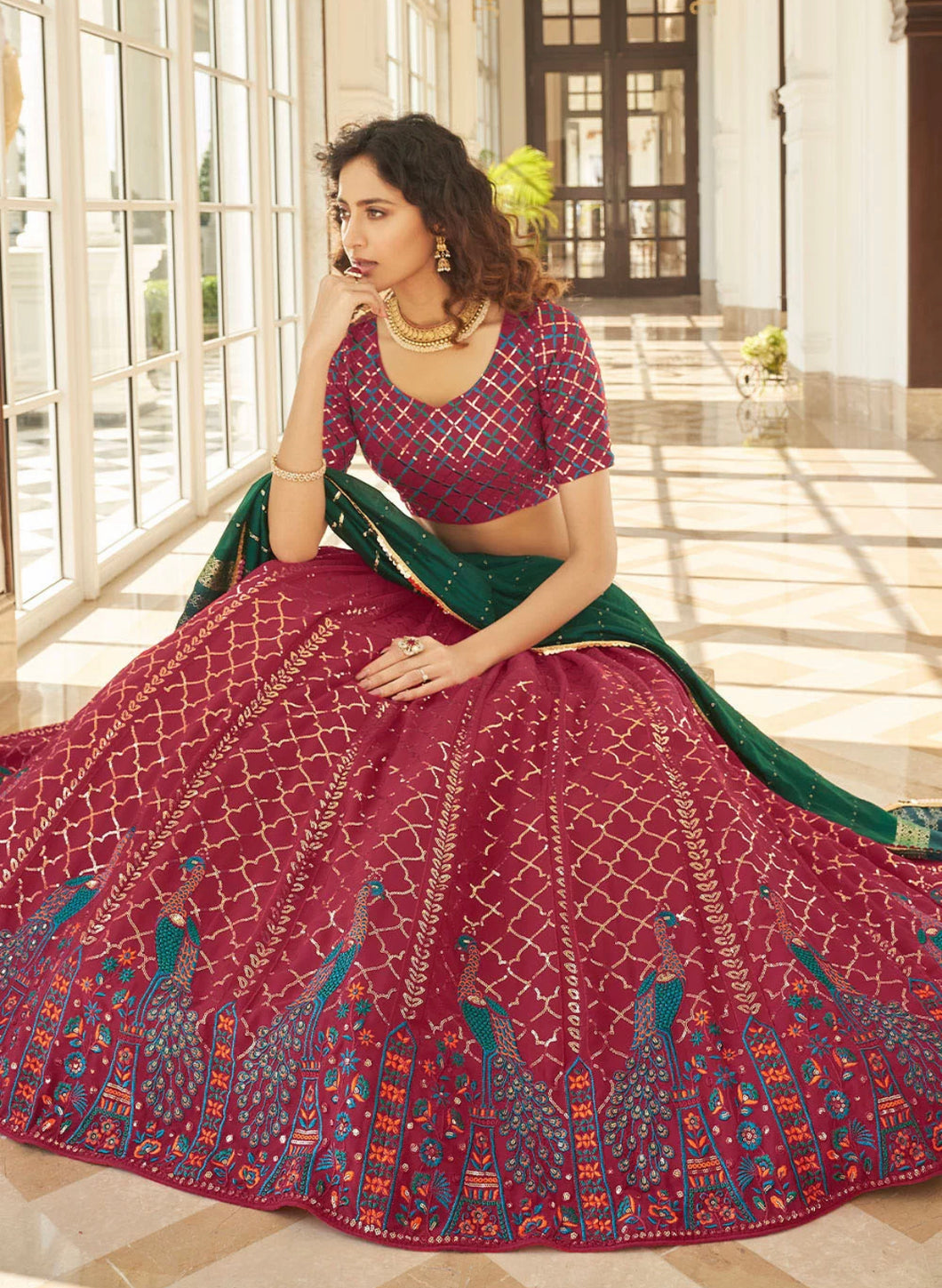 Deep pink and green peacock Lehenga