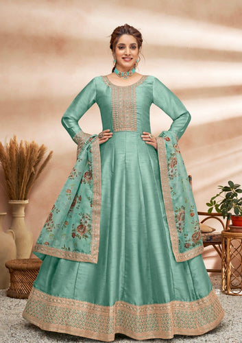 Art silk gown with floral dupatta- sea green