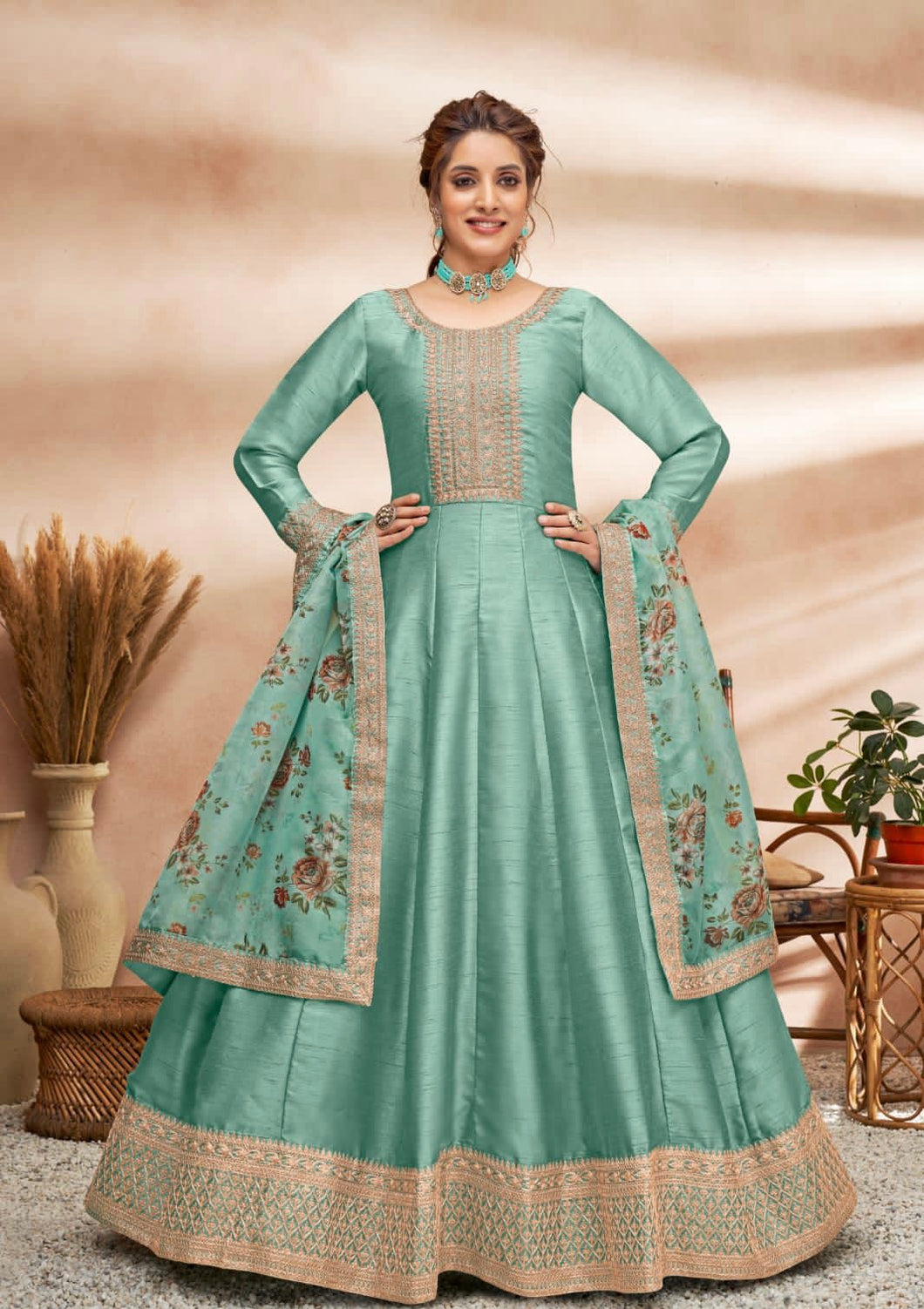 Art silk gown with floral dupatta- sea green