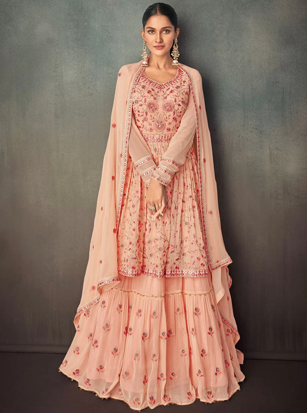Sunaish - Peach long top Lehenga