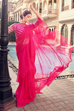 Ruby pink ruffle plain saree in organza