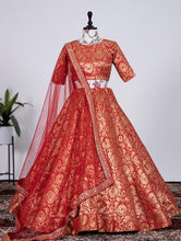 Jacquard silk Lehenga in red