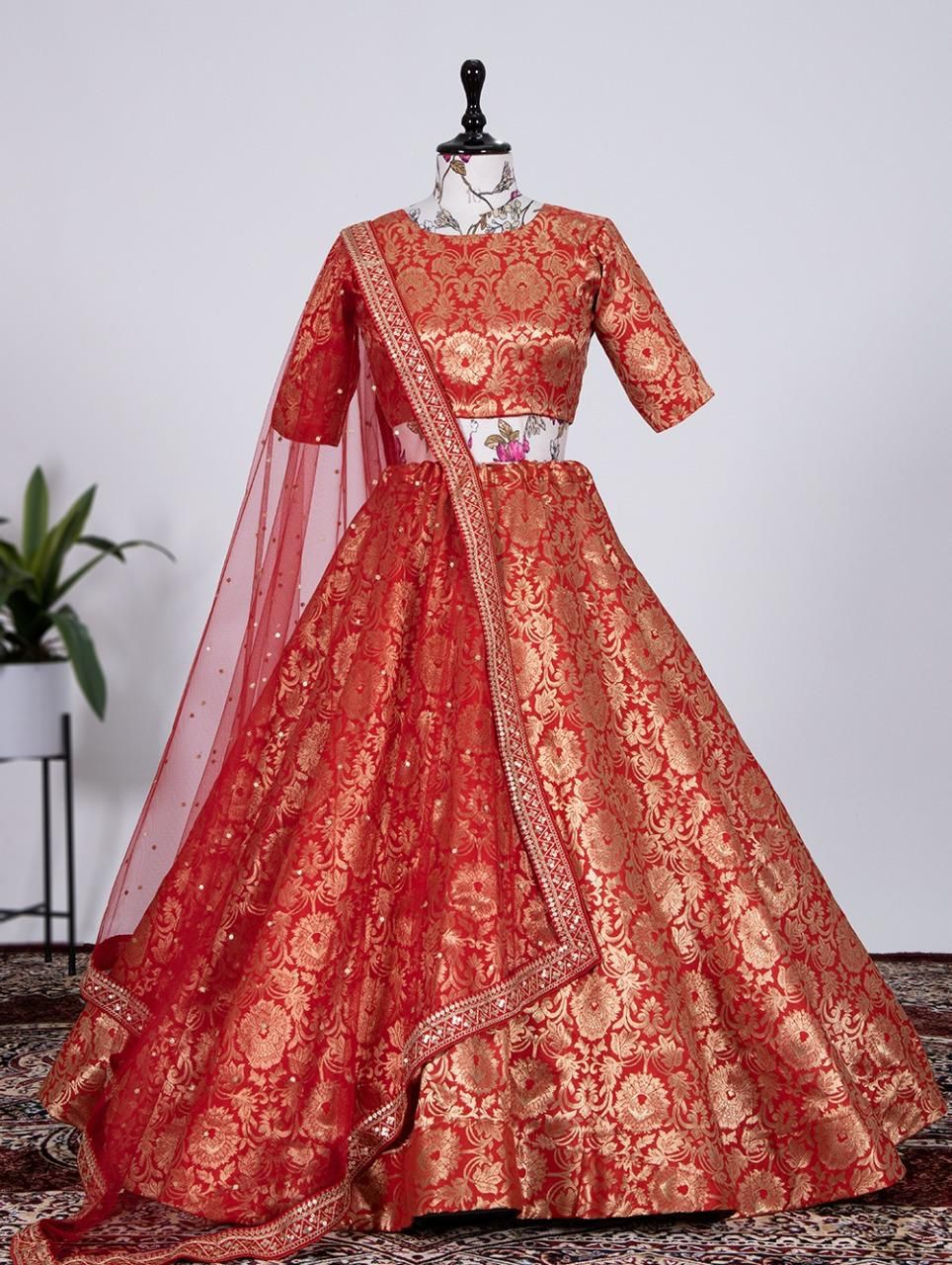 Jacquard silk Lehenga in red