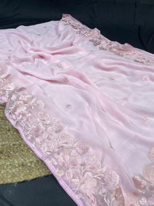 Baby pink embroidered saree