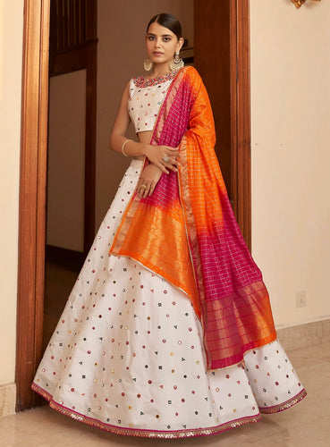 White and orange silk Lehenga
