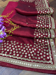 Deep red Vichitra silk saree - gota patti and mirror work