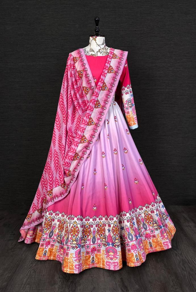 Printed silk Lehengas