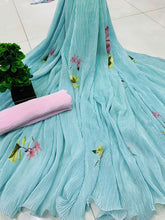 Sky blue chinon pleating saree