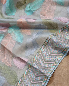 Colourful pastel feather saree with Lucknowi border