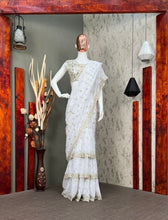 Hand embroidered ivory 3 layer ruffle saree