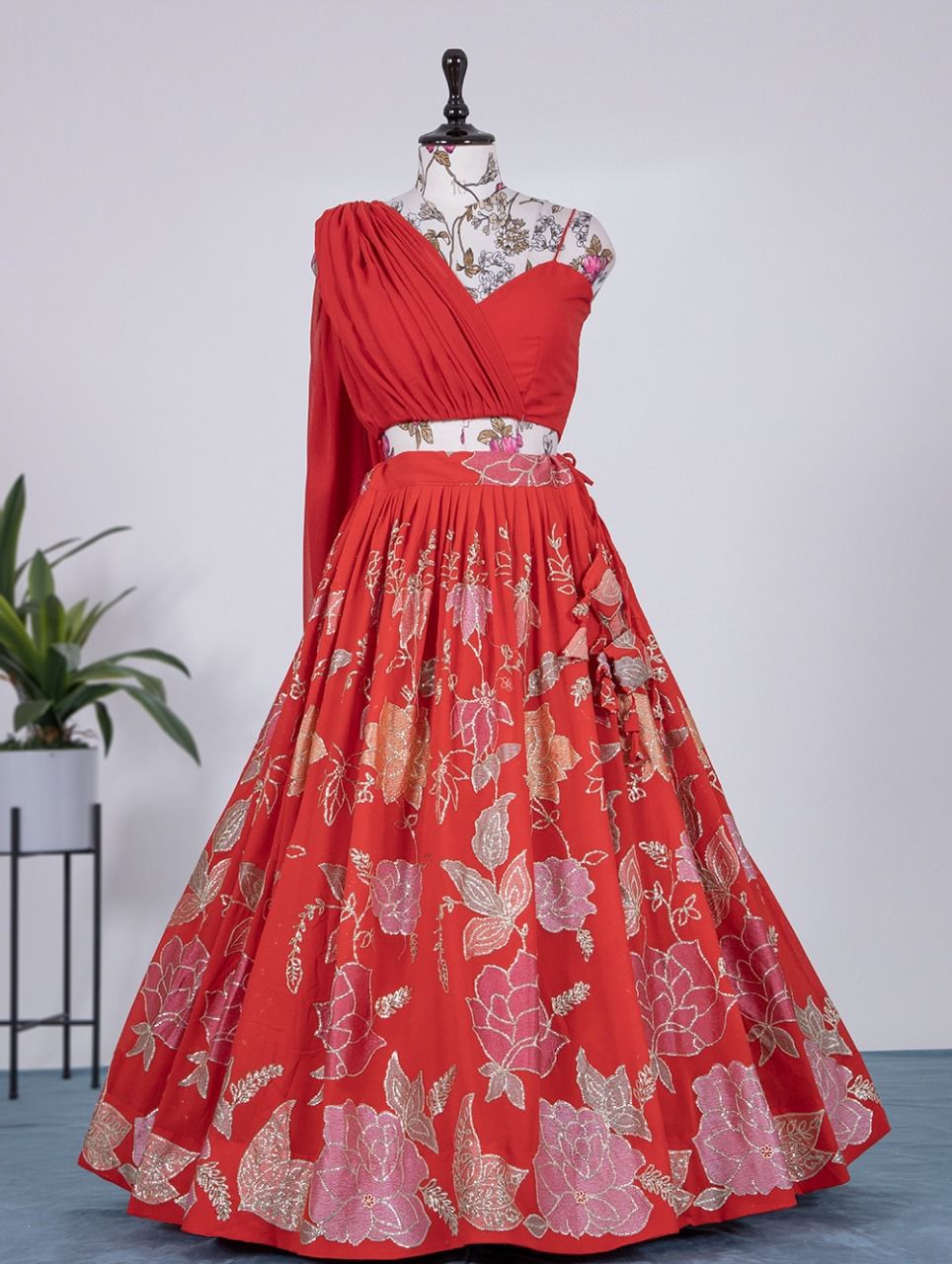 Indo western: Readymade floral stitched sweetheart Lehengas