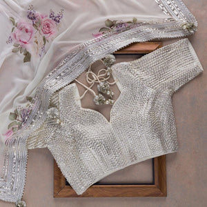 White and silver floral saree