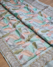 Colourful pastel feather saree with Lucknowi border