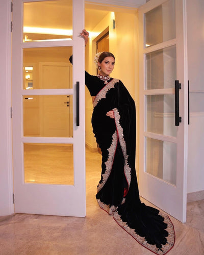 Elegance: Black velvet saree