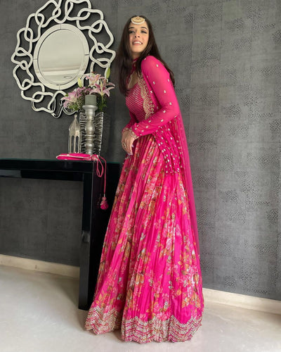 Pink floral Lehenga with koti
