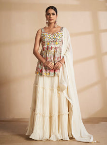 Georgette stitched thread and sequinned lehenga - off white