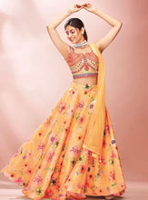 Digital floral lehengas - peachy and mustard yellow floral