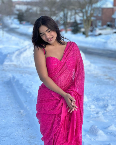 Celebrity inspired rani pink sequinned saree