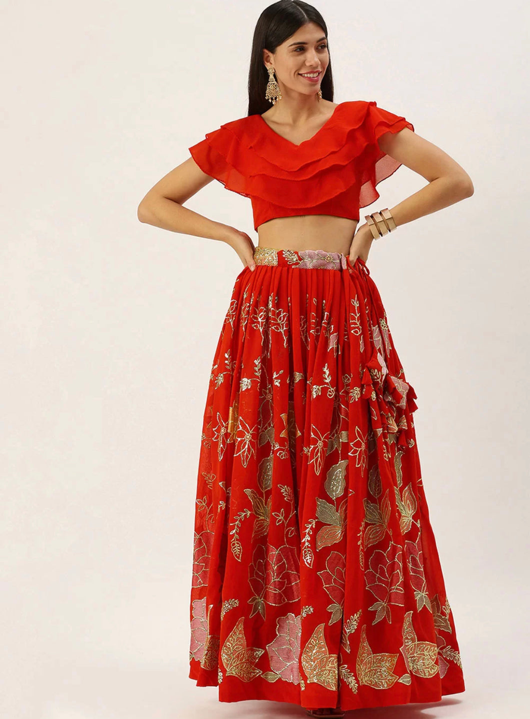 Floral sequinned Lehenga in red