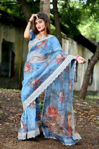 Organza floral hand work sarees