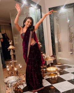 Wine velvet bead embroidered saree