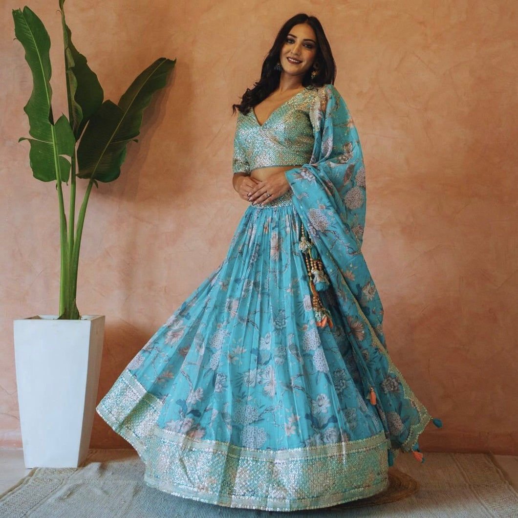 Sea blue - Floral and bird digital print Lehenga