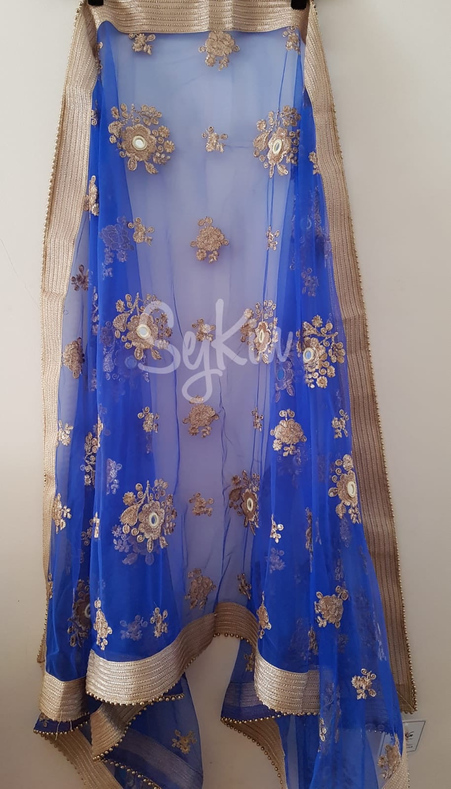Royal blue floral embellished mirror work net dupatta