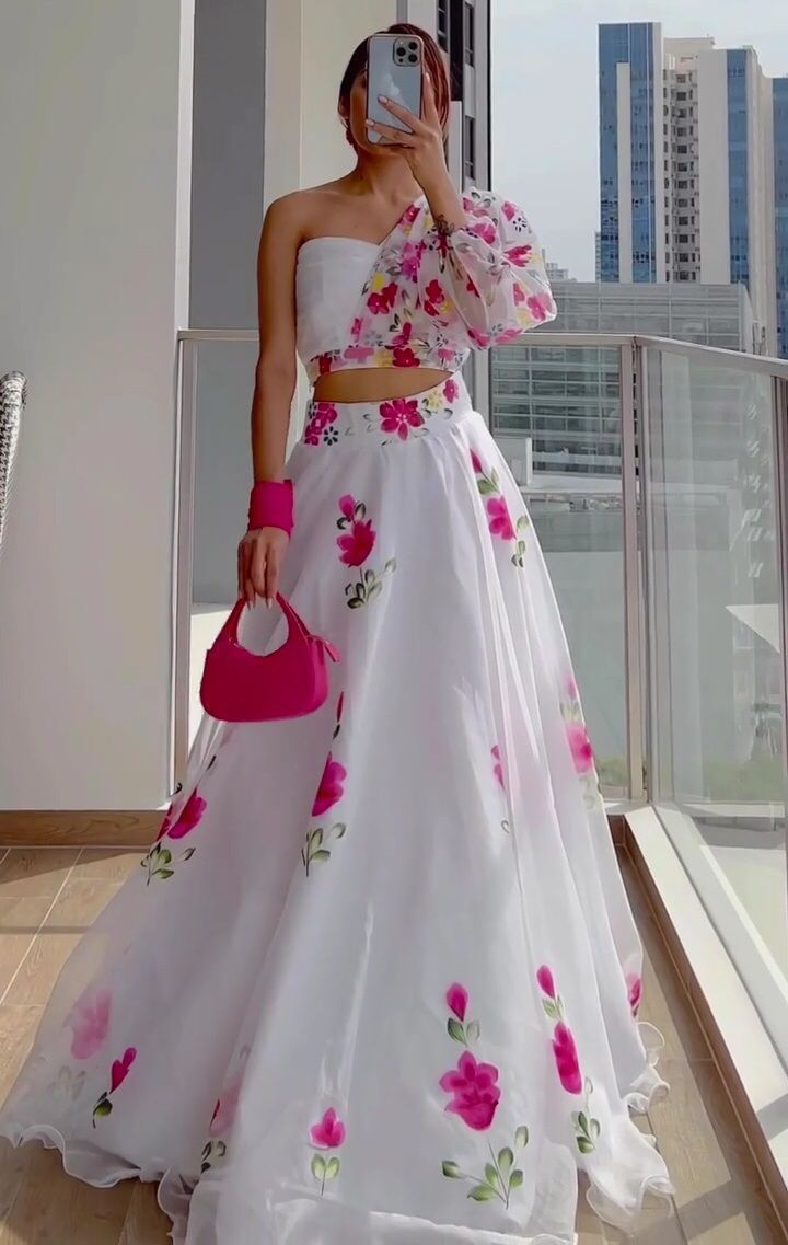 Indo western white and pink floral Lehenga