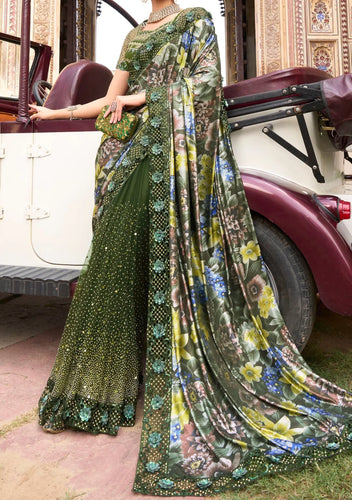 Heavy designer forest green partywear saree