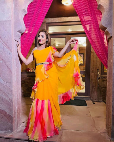 Partywear yellow ruffle saree