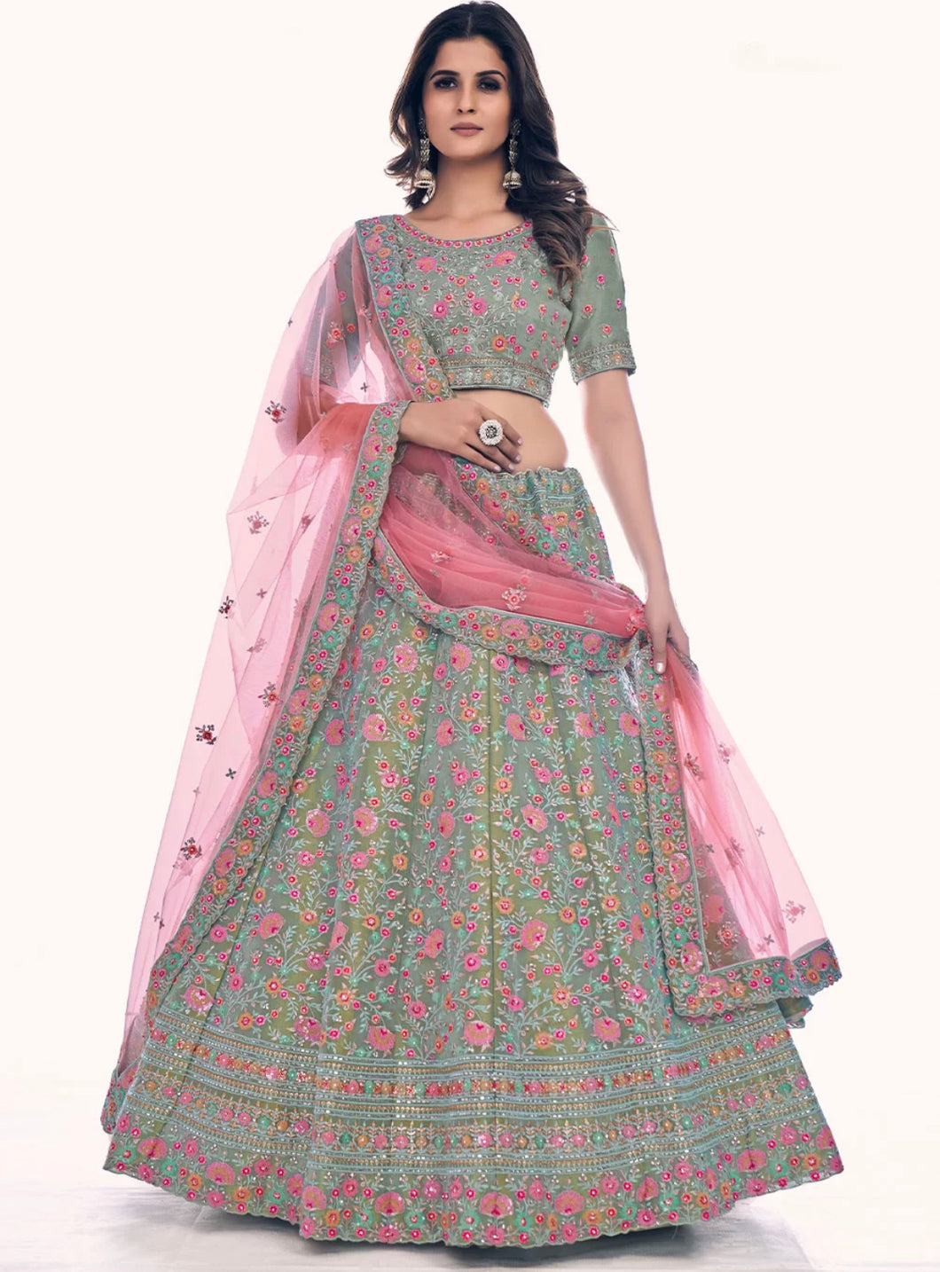 Green floral gota silk Lehenga
