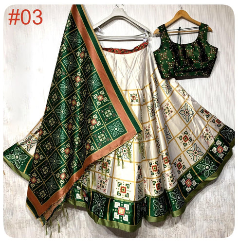 Printed silk Lehenga - green and off white