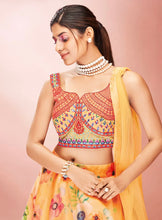 Digital floral lehengas - peachy and mustard yellow floral