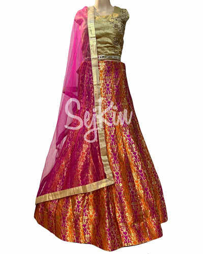 Orange and pink brocade lehenga