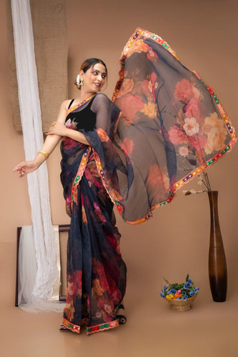 Organza digital printed sequins saree