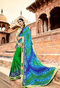 Green-blue bandhani saree