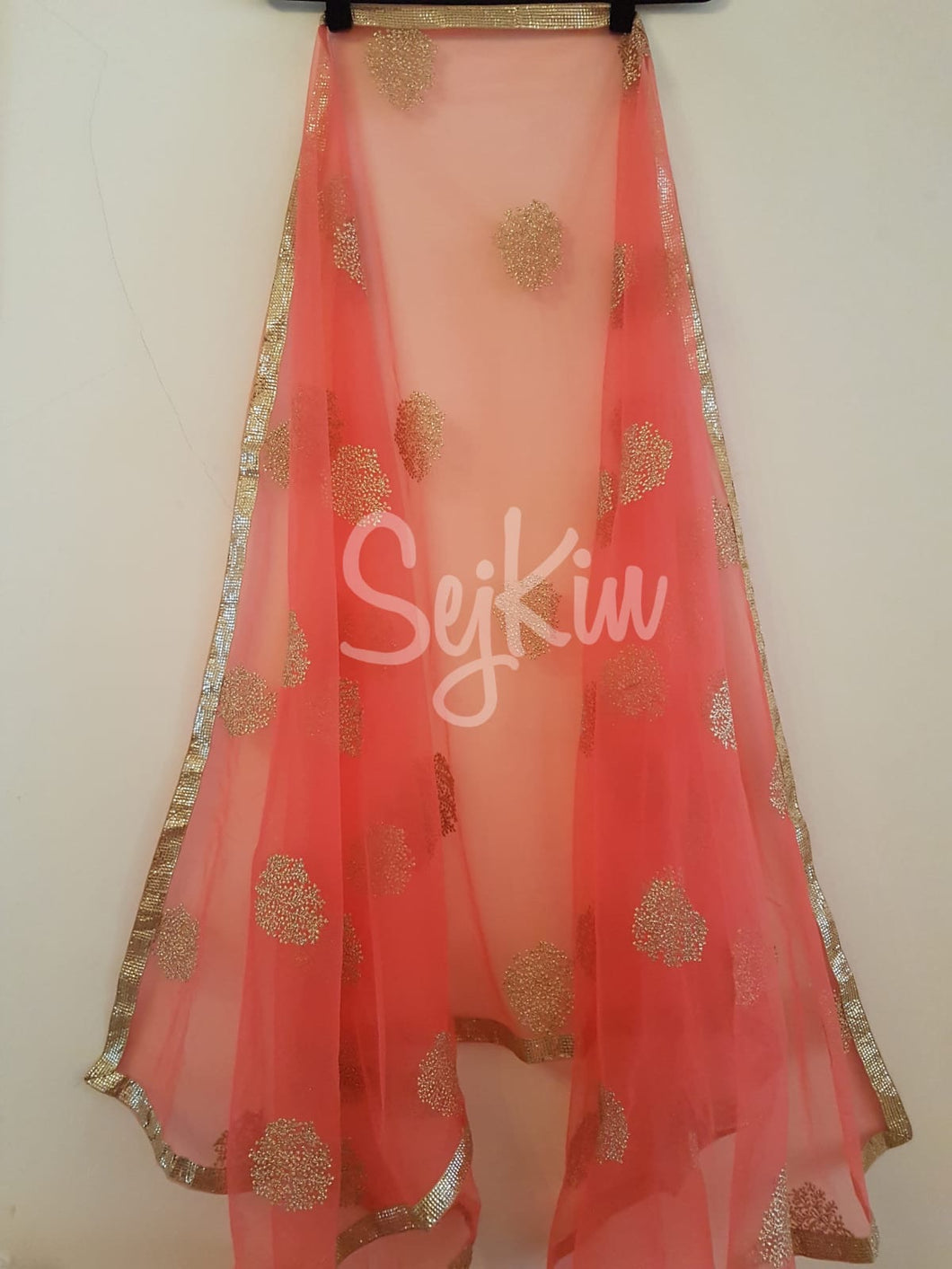 Coral with gold embellished net dupatta