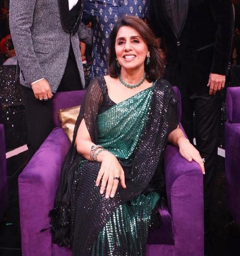 Celebrity style green and black shaded sequins saree