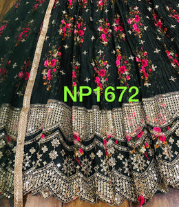 Niks collection - Olive green floral mirror work readymade Lehenga