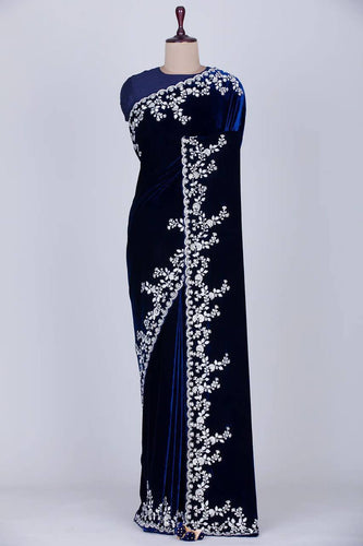 Blue velvet saree