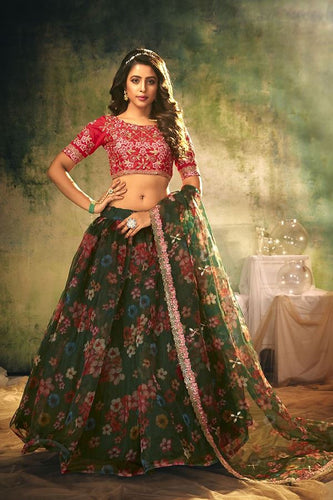 Organza crush Lehenga - Trendy floral forest green