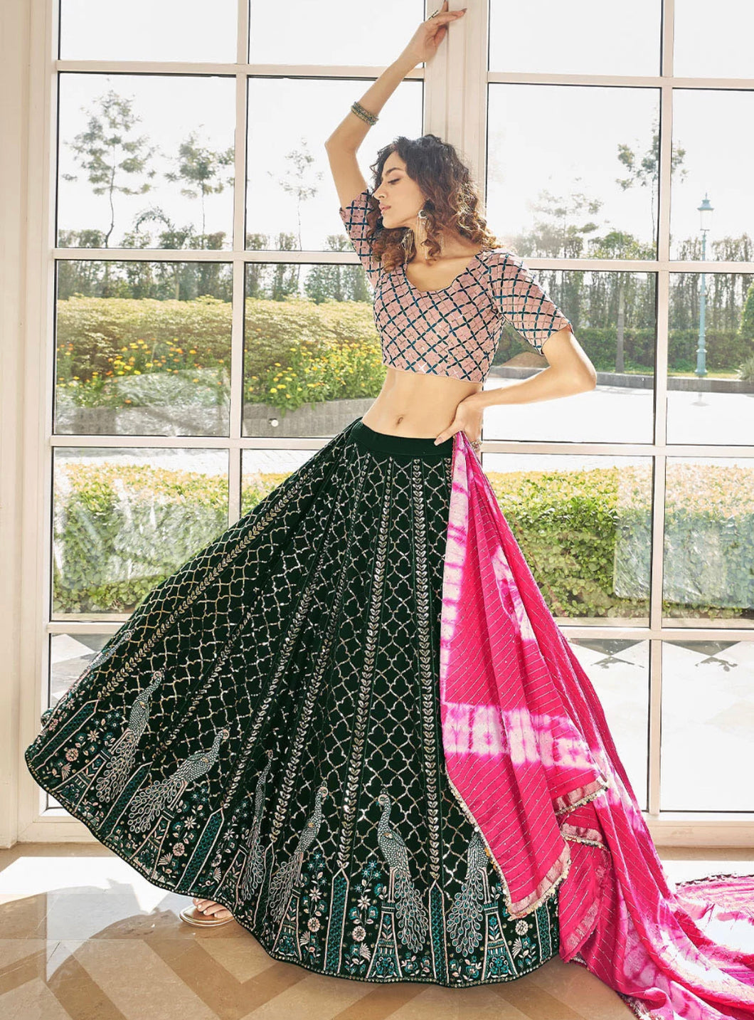 Green and pink peacock Lehenga