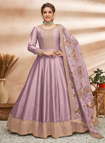 Art silk gown with floral dupatta- mauve