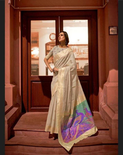 Modal peacock silk collection - off white saree